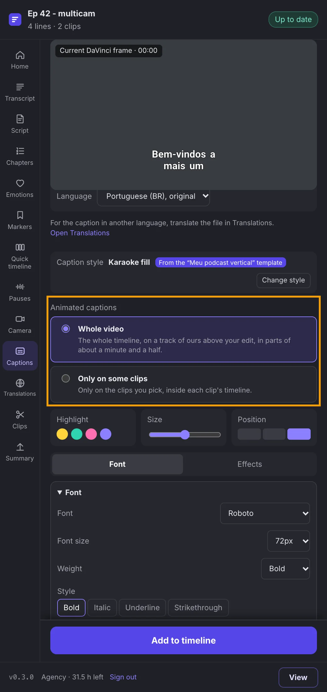 Animated caption set to only some clips, with one clip picked.