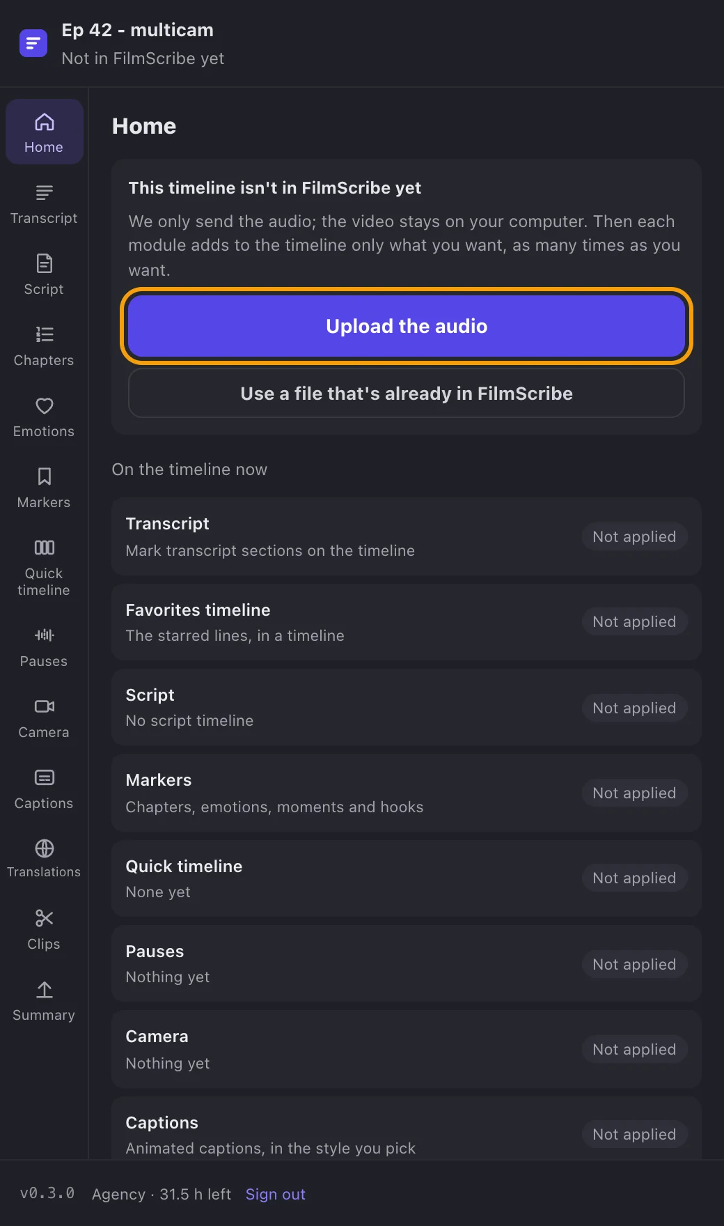 The home page of a timeline that isn’t in FilmScribe yet, with the send buttons.