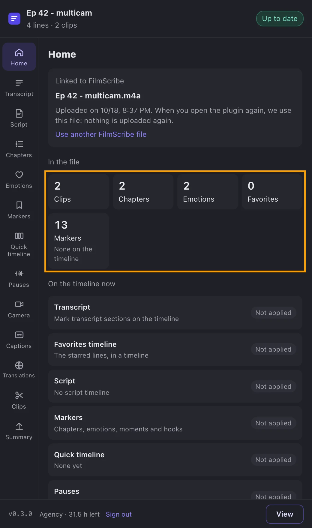 The home page with the timeline linked and each module's state.