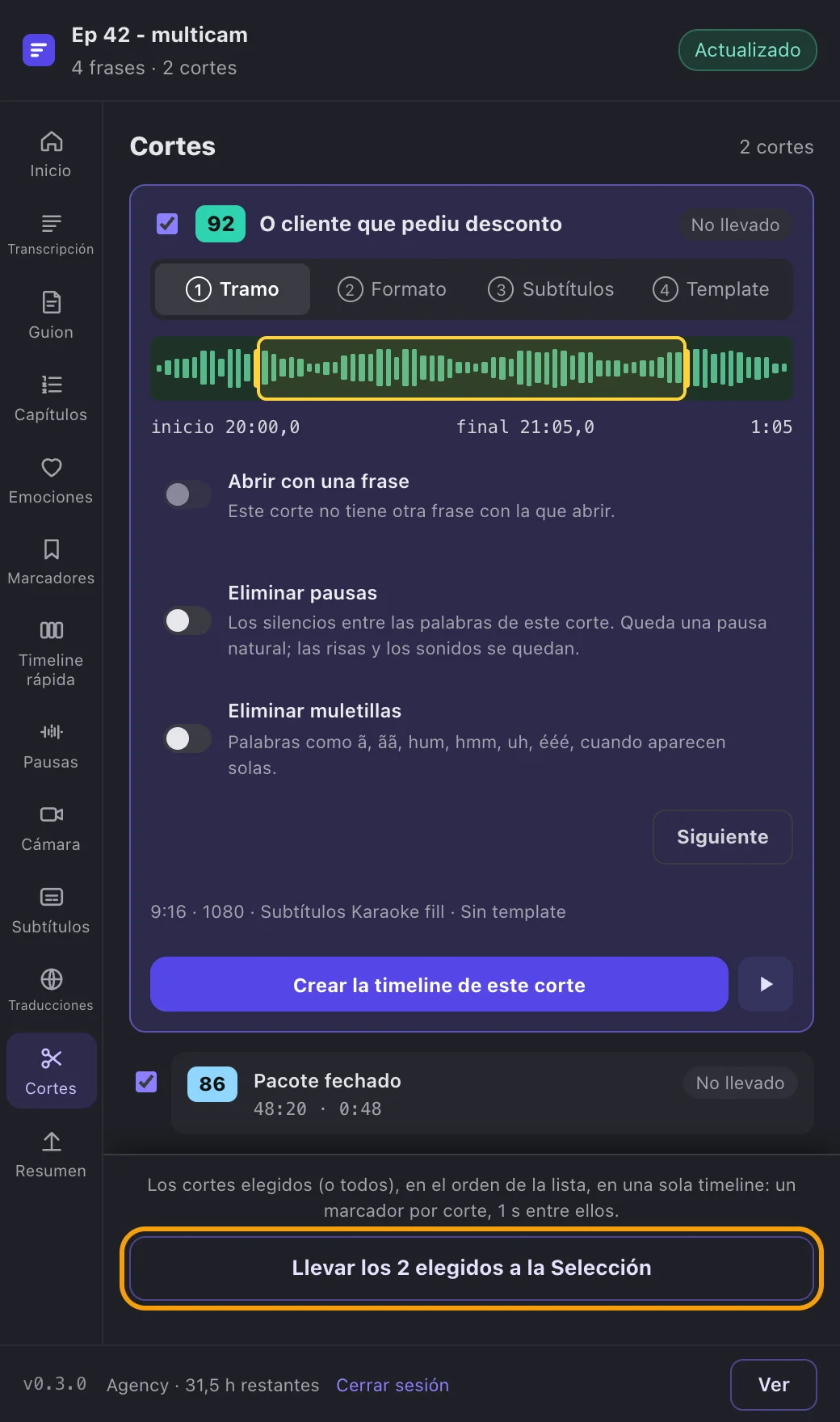 Cortes, con la nota, el título y el botón para llevar los que faltan.