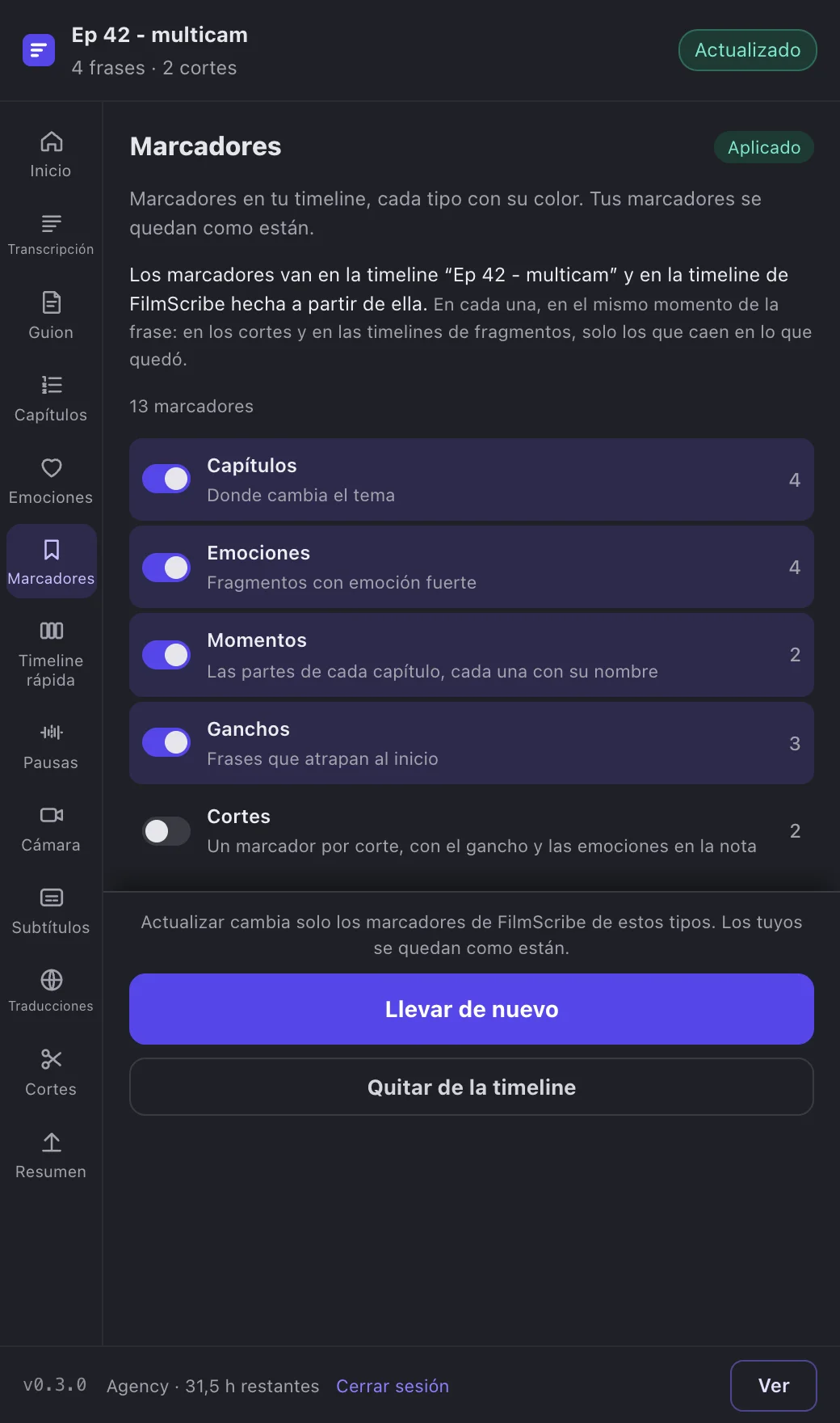 Marcadores, con un interruptor y la cantidad de cada tipo.