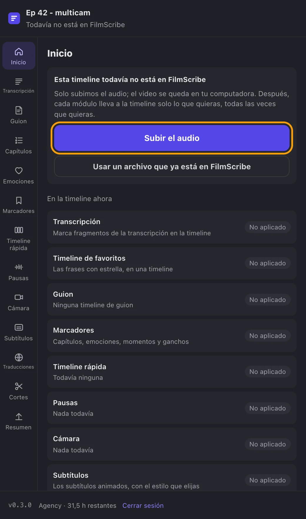 El inicio de una timeline que todavía no está en FilmScribe, con los botones de envío.
