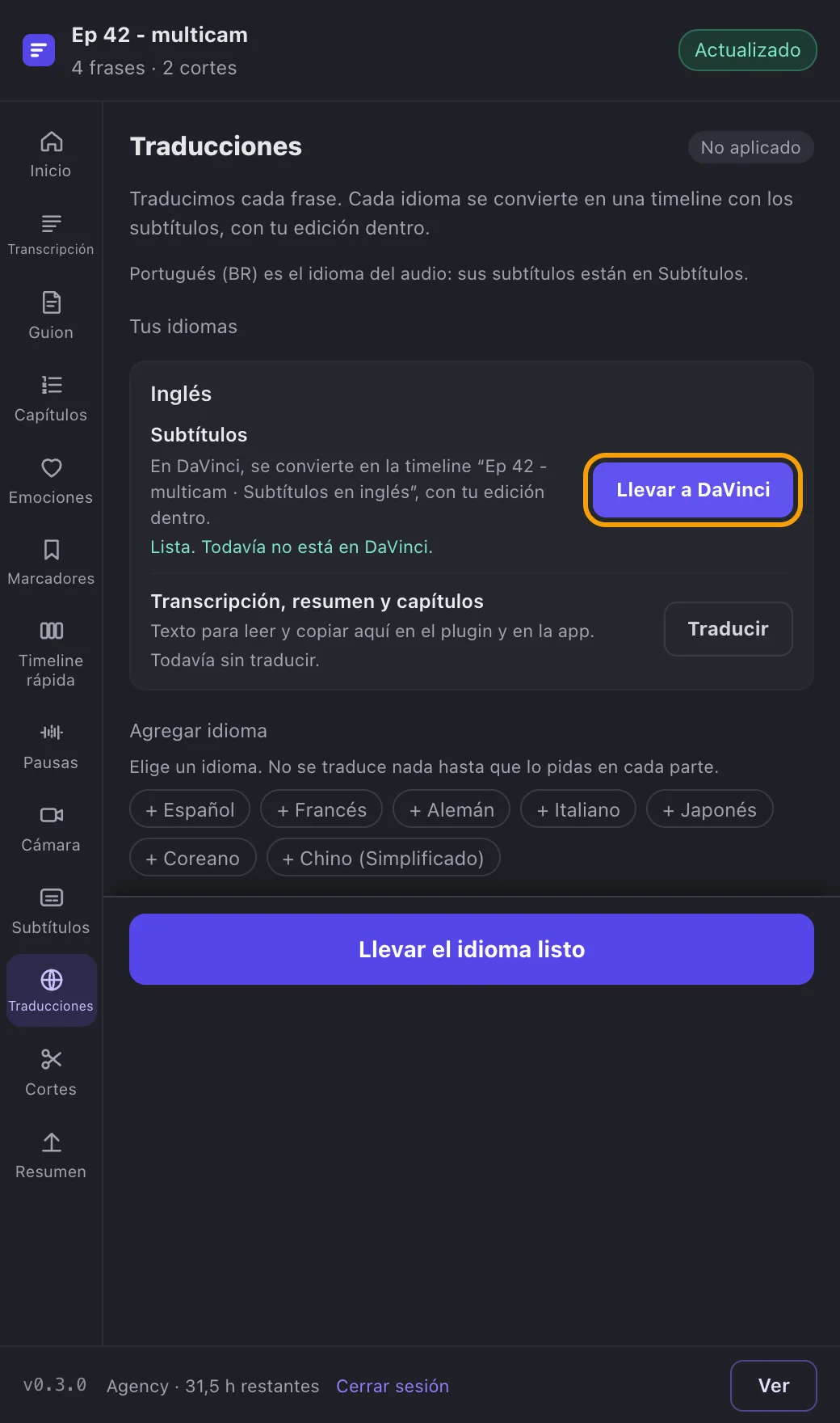 Traducciones: el subtítulo en inglés listo para llevar a DaVinci.