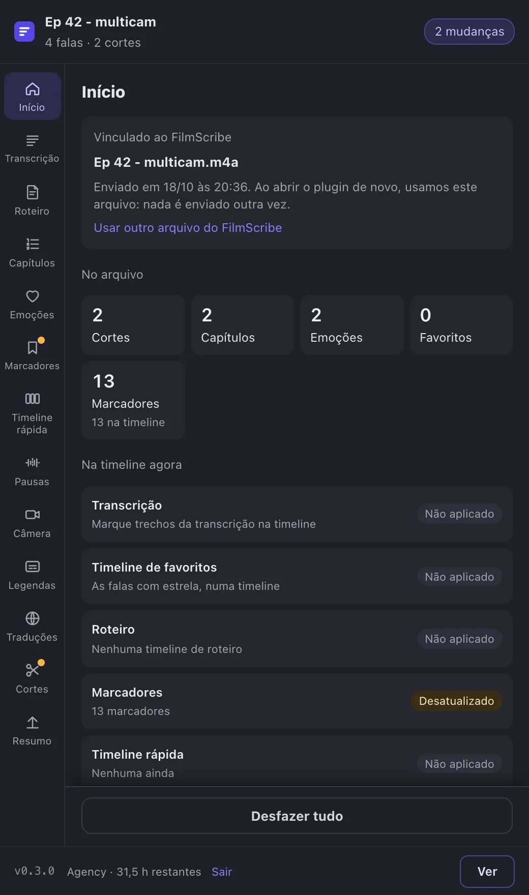 O Início mostrando os módulos desatualizados e as mudanças.